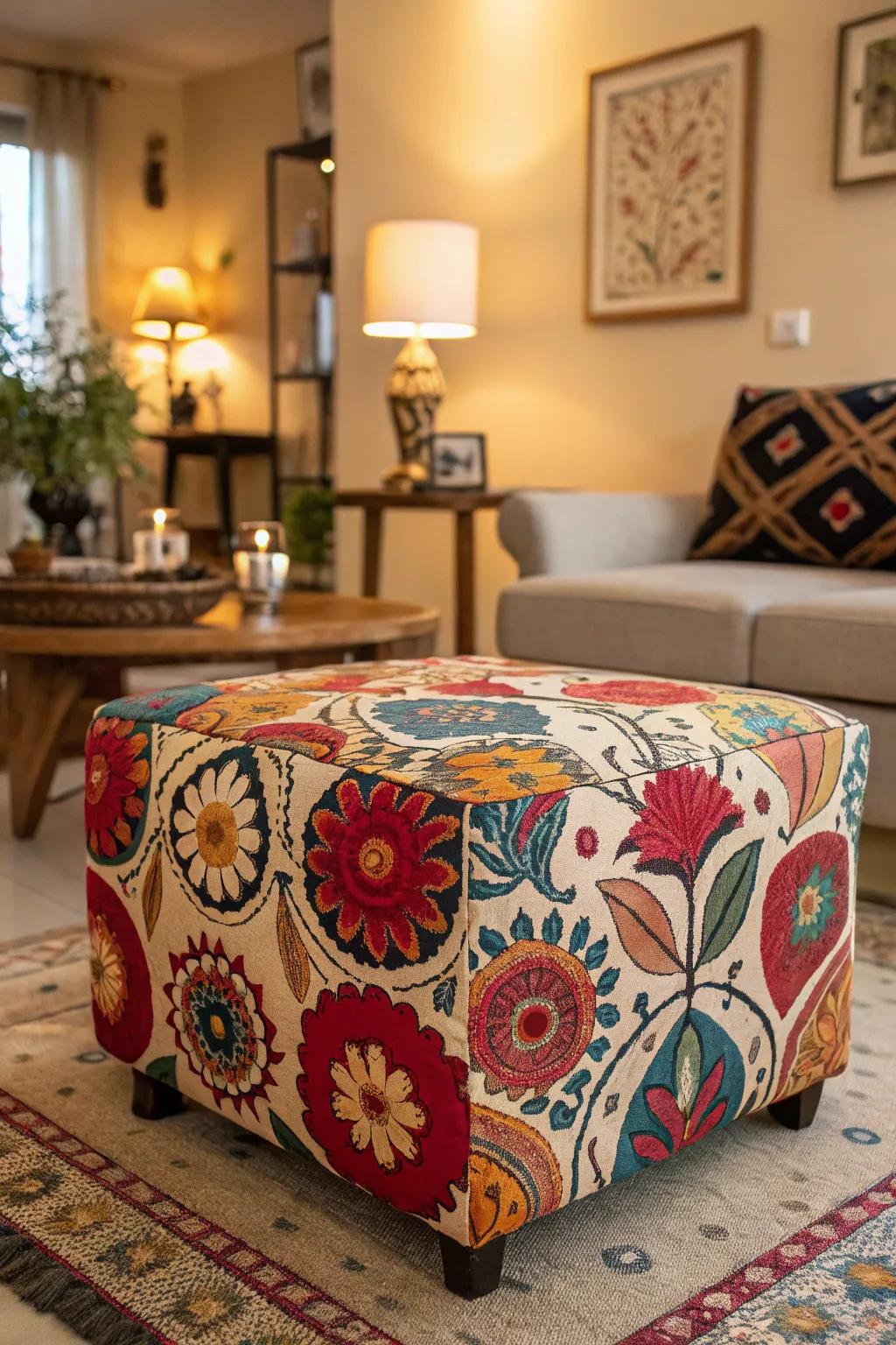 A vibrant ottoman with a variety of patterns adds vigor.