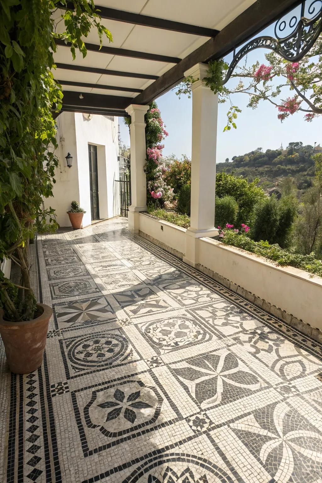Artistic mosaic tiles crafting a captivating patio floor design.