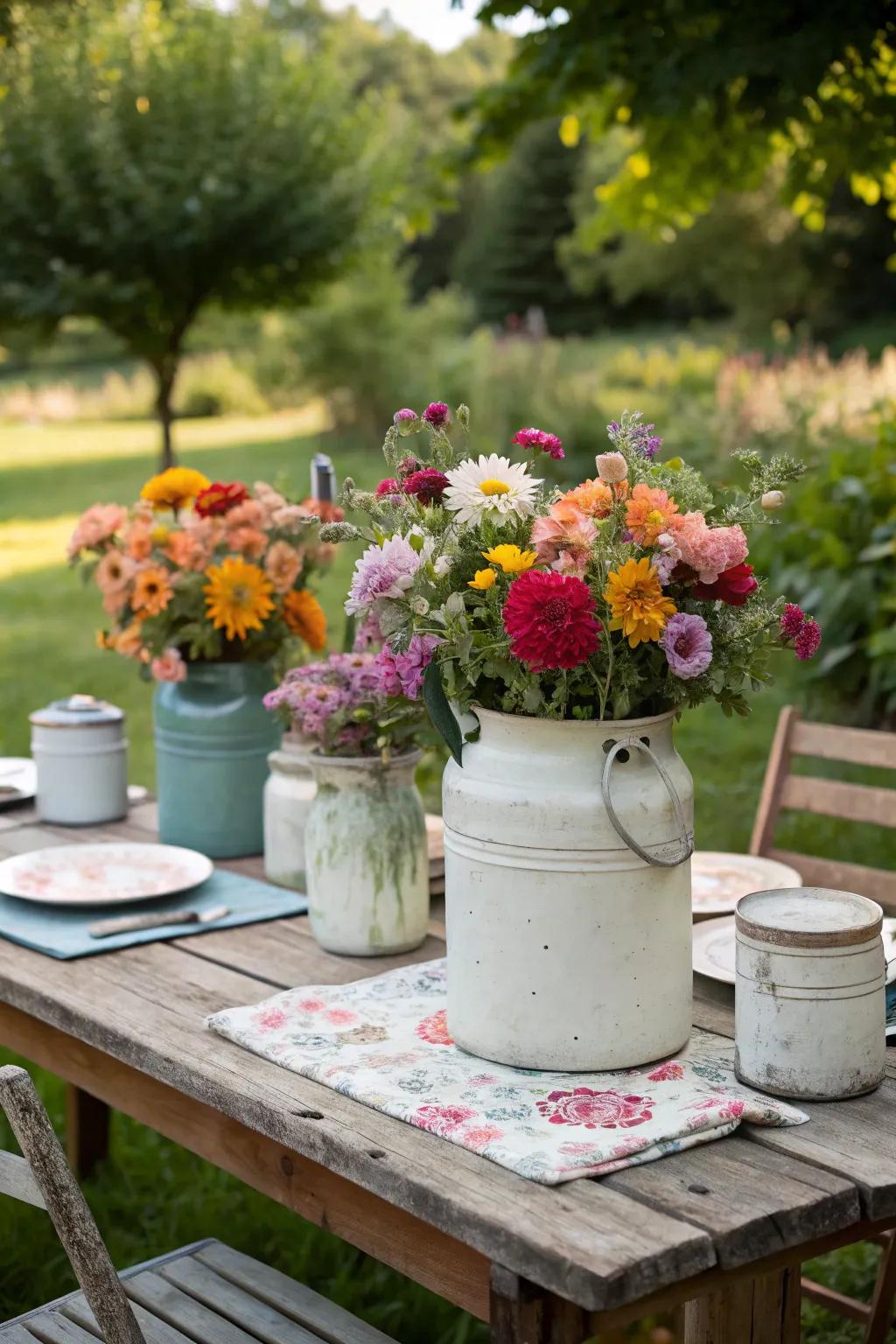 Aged pots contribute nostalgic charm to your table decor.