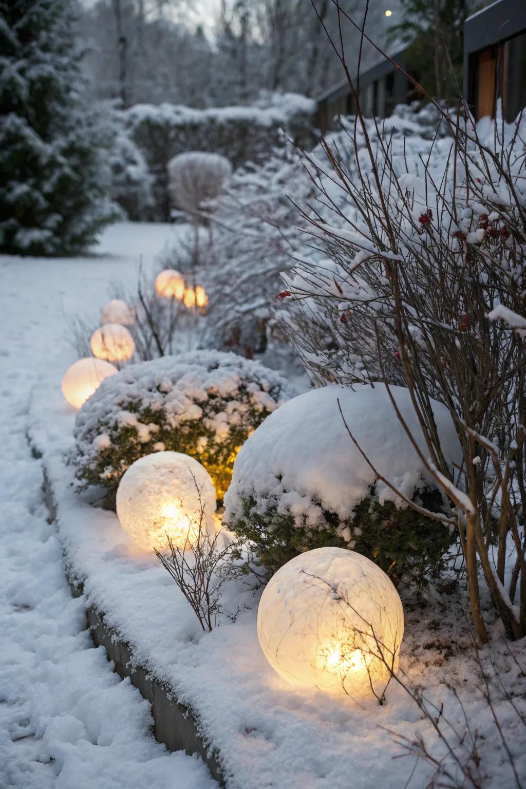 Light orbs in the garden evoke an entrancing nighttime luminescence.