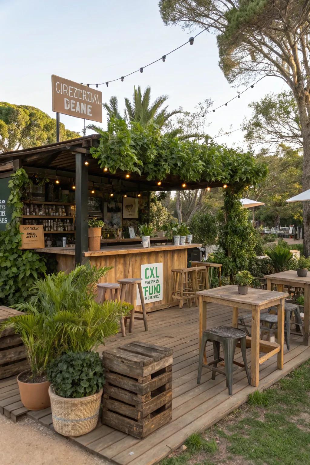 An eco-conscious coffee bar fashioned from upcycled materials.