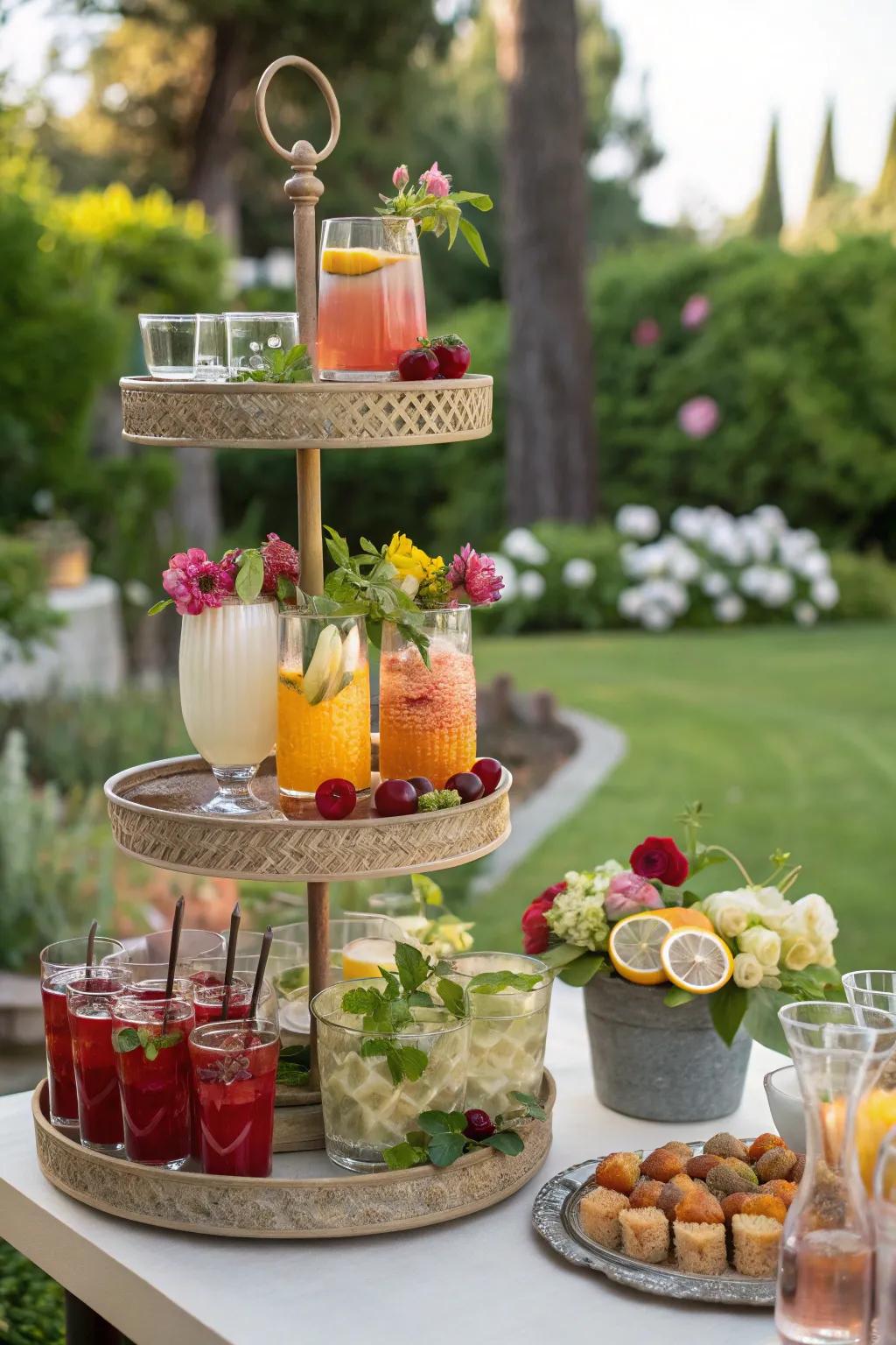 A step-style display stand beautifully sorts drinks and decorations.