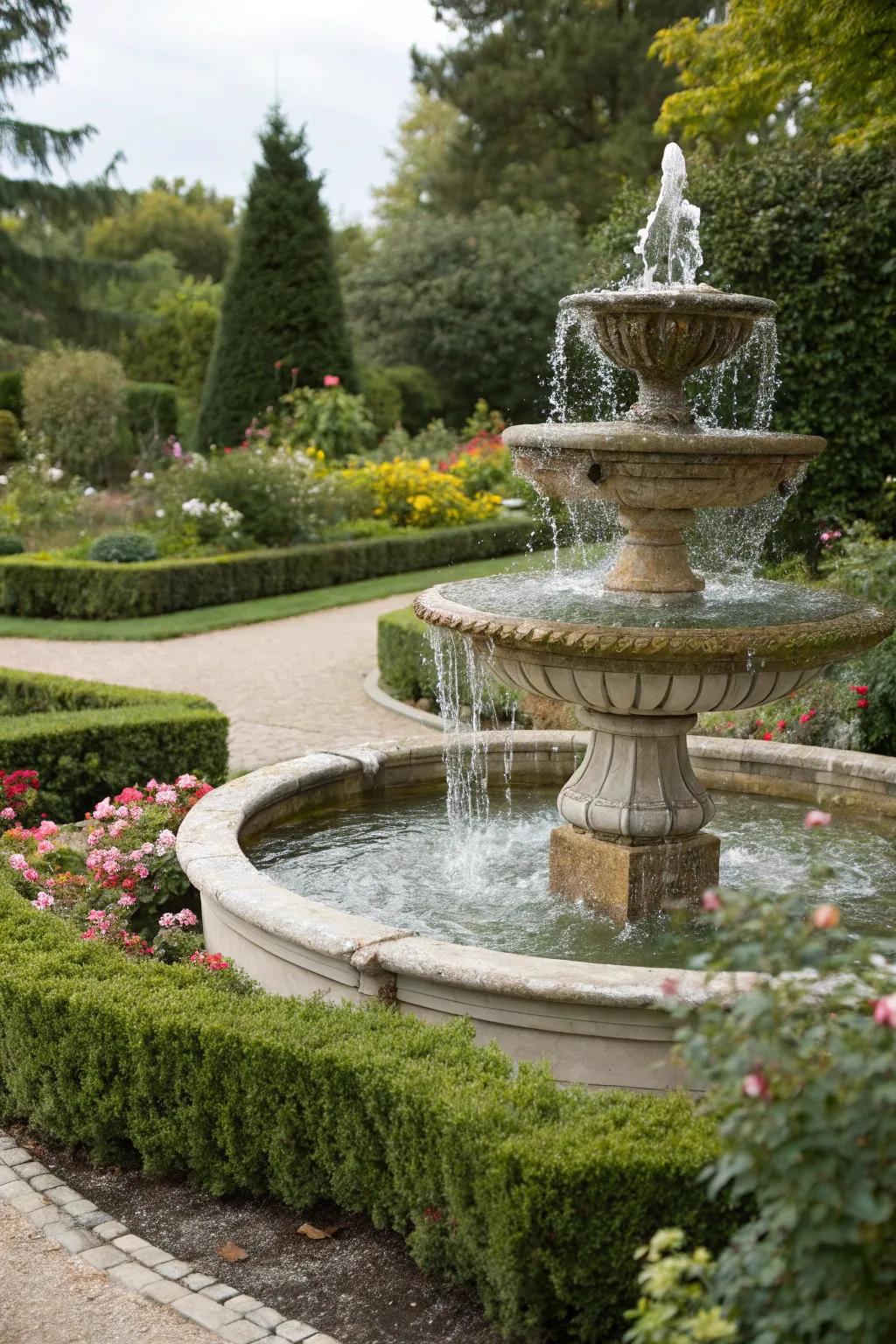 Tiered reservoir fountains contribute a rhythmic cascade to your garden.