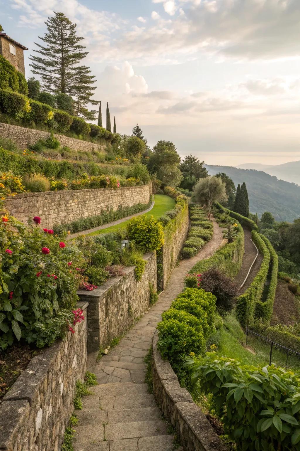 Support walls manage gradients while elevating garden aesthetics.