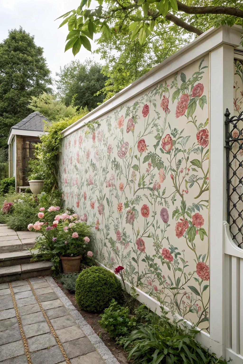 Patterned wall covering injects bold distinction to garden walls.