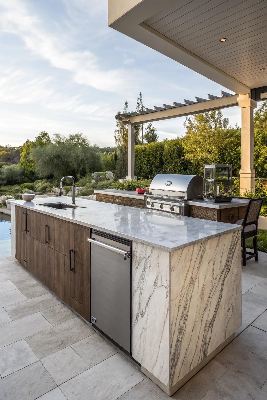 A modern cooking station featuring an amazing waterfall surface.