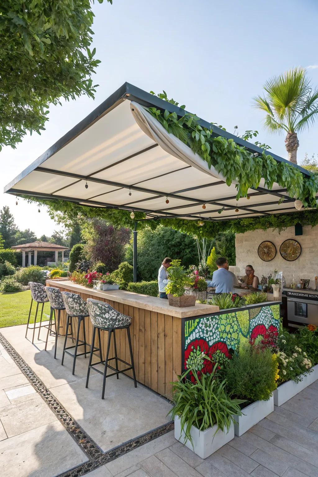 An outdoor kitchen bar featuring a retractable canopy for adjustable shade.