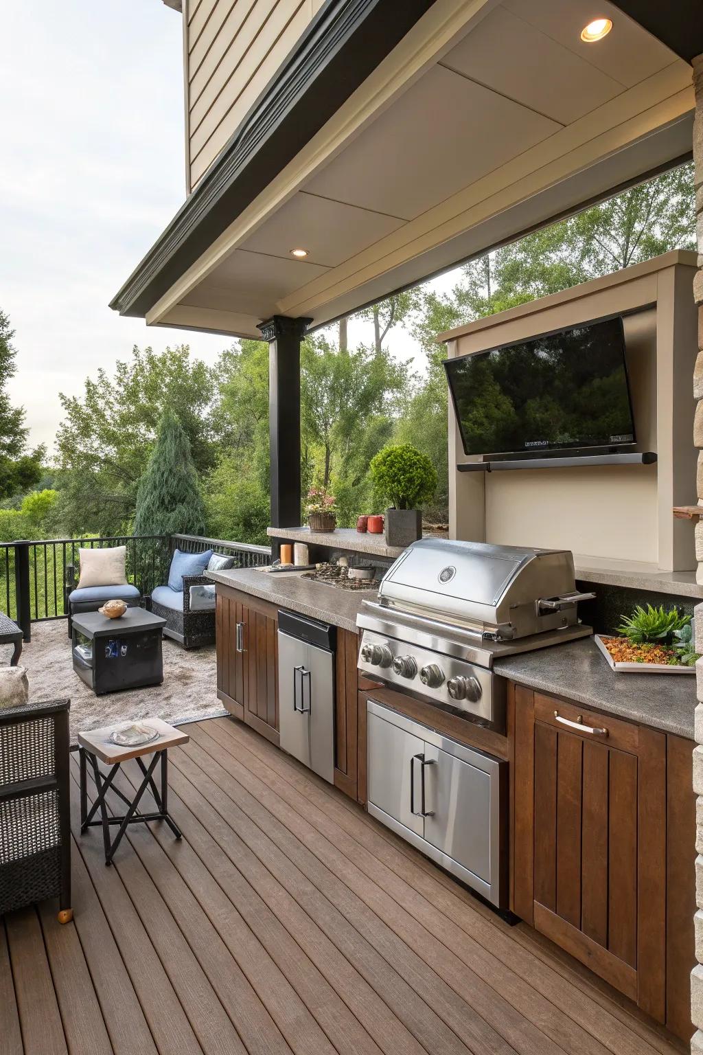 A multi-tier deck offers distinct zones for cooking and entertainment.