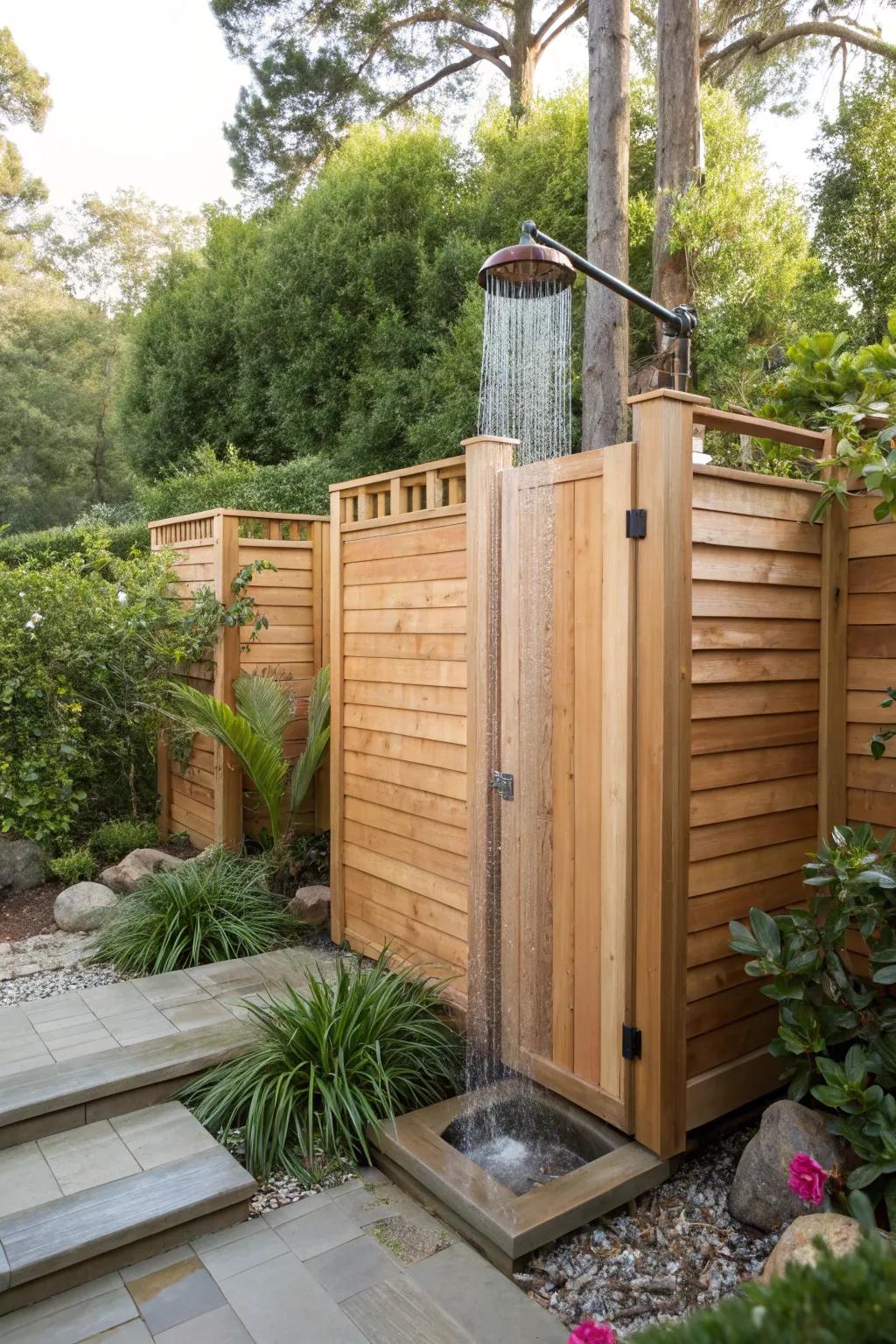 An inviting outdoor shower surrounded by sandalwood enclosures.