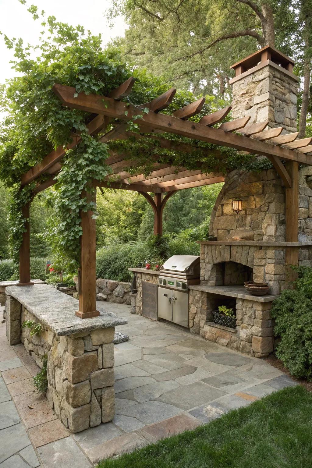 A pergola enhances both flair and shade to your stone BBQ arrangement.