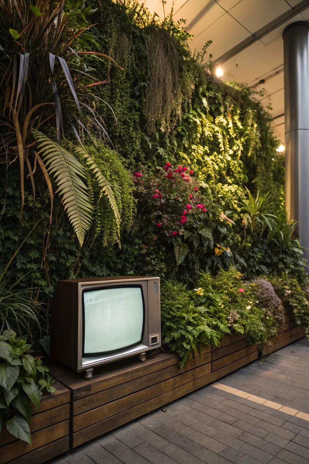A vertical garden feature adds a touch of nature to your backyard viewing space.