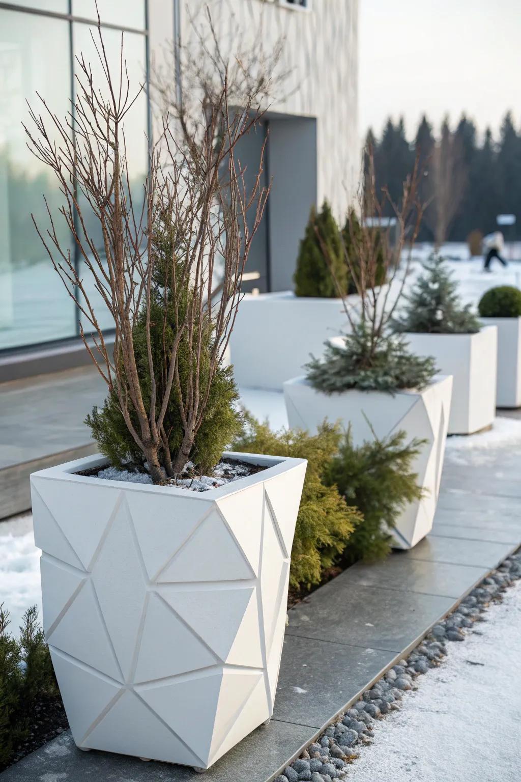 Angular planters offer a modern interpretation of winter decor.