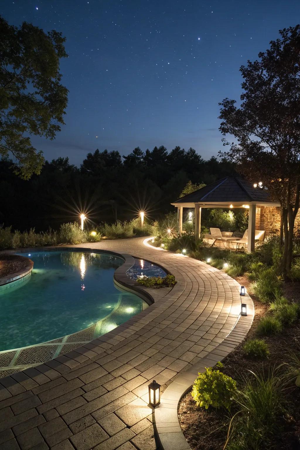 Strategic lighting enhances the pool deck's evening ambiance.