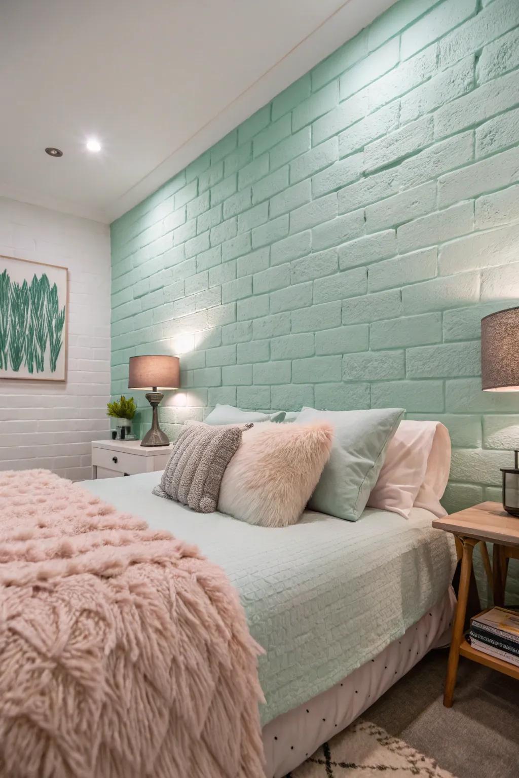 A guest space offering a soothing setting with its pastel mint brick wall.