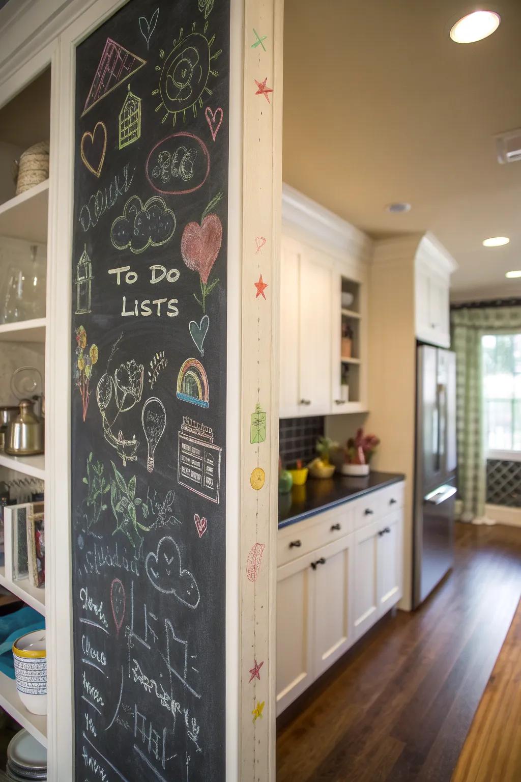 A pantry wall featuring a chalkboard that can be used for writing and creating.