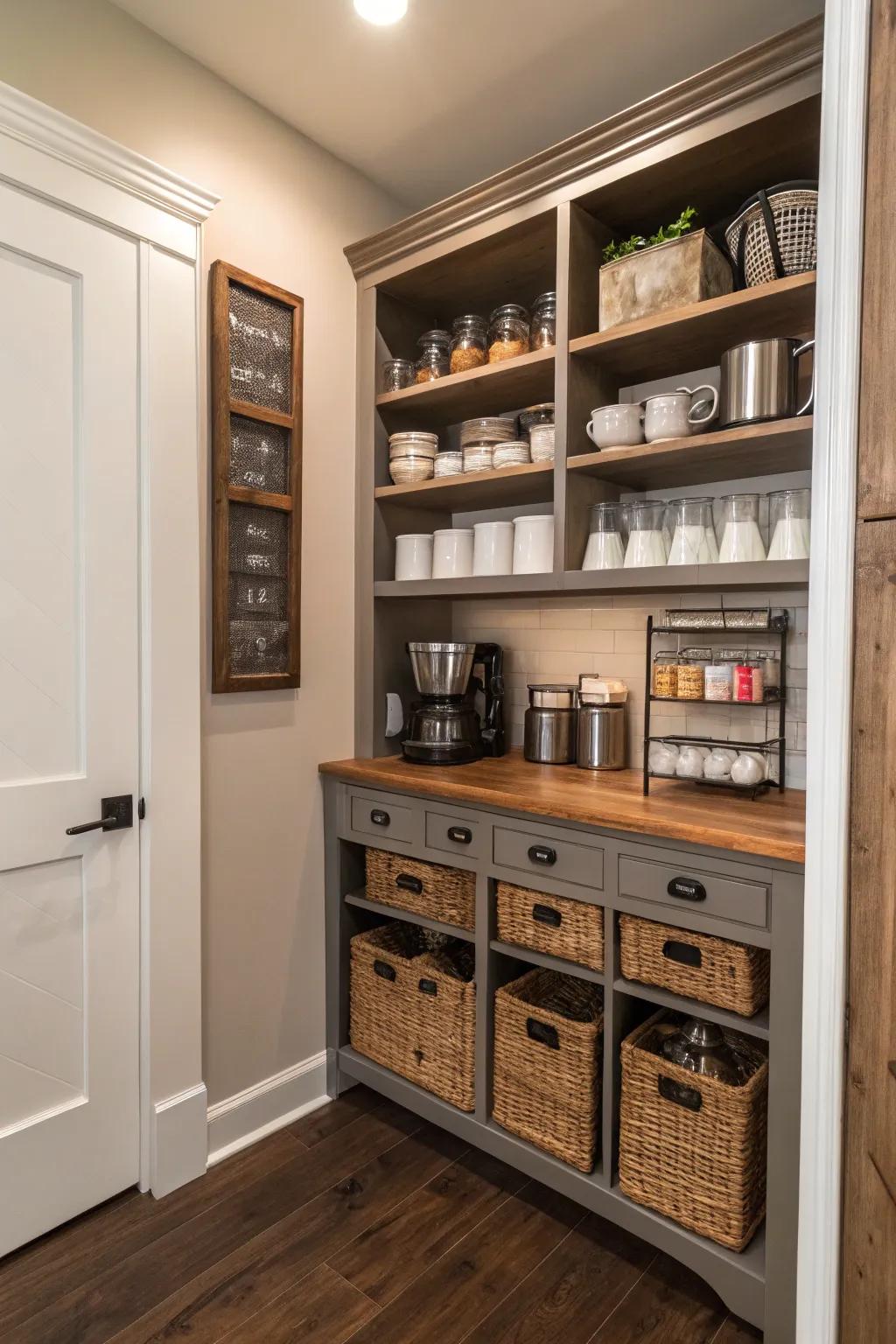 A closet changed to a chic coffee bar is both functional and surprising.
