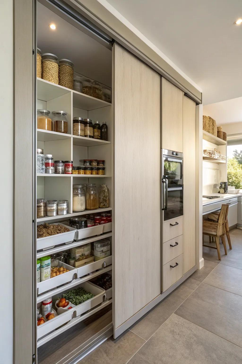 A gliding threshold on a pantry offers area-conserving access and a stylish aesthetic.
