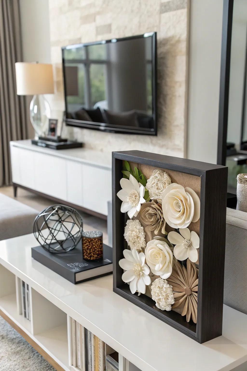 A minimalist shadow box appends subtle elegance to any embellishment.