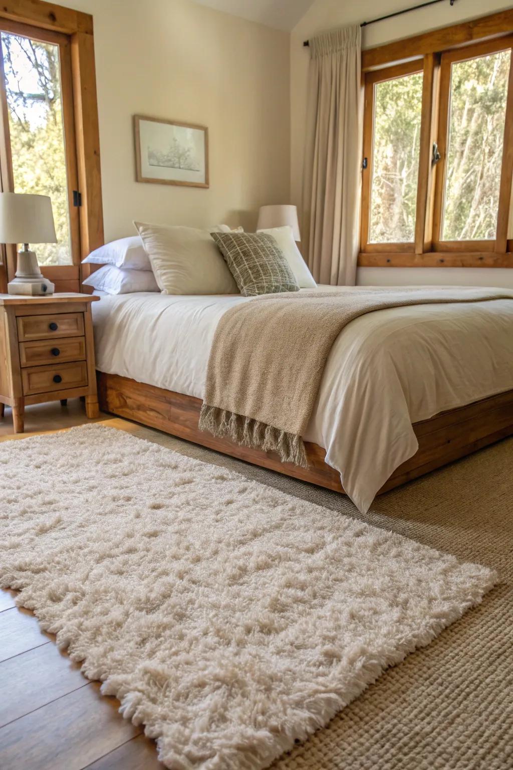 A deluxe area carpet contributes warmth and snugness.