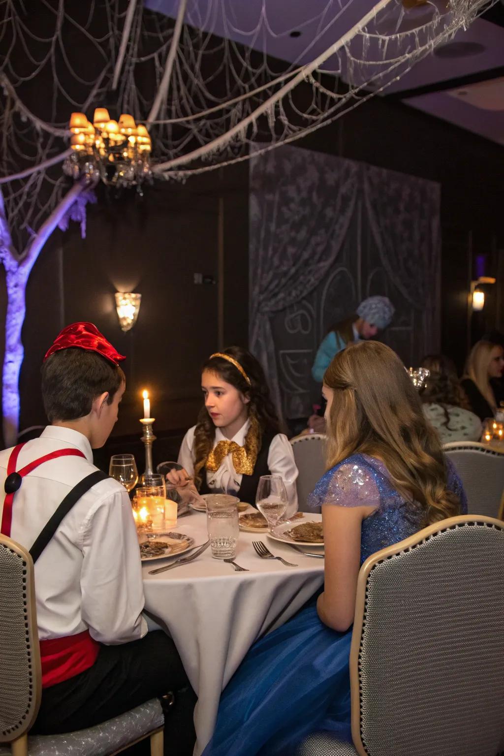 Teens playing detectives at an engaging enigmatic supper celebration.