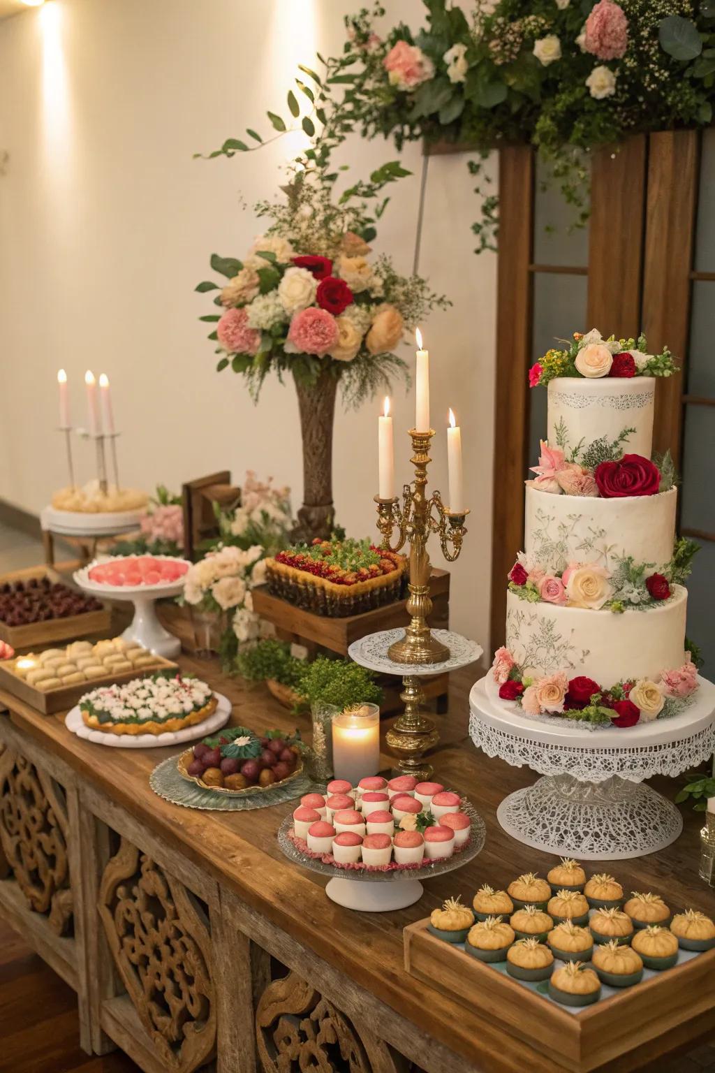 A themed dessert table enhancing a rice-feeding ceremony.