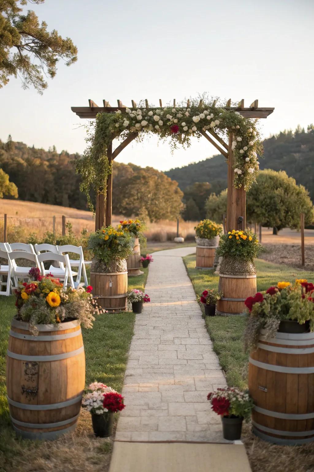 Potted flora harmoniously blends with the natural surroundings.