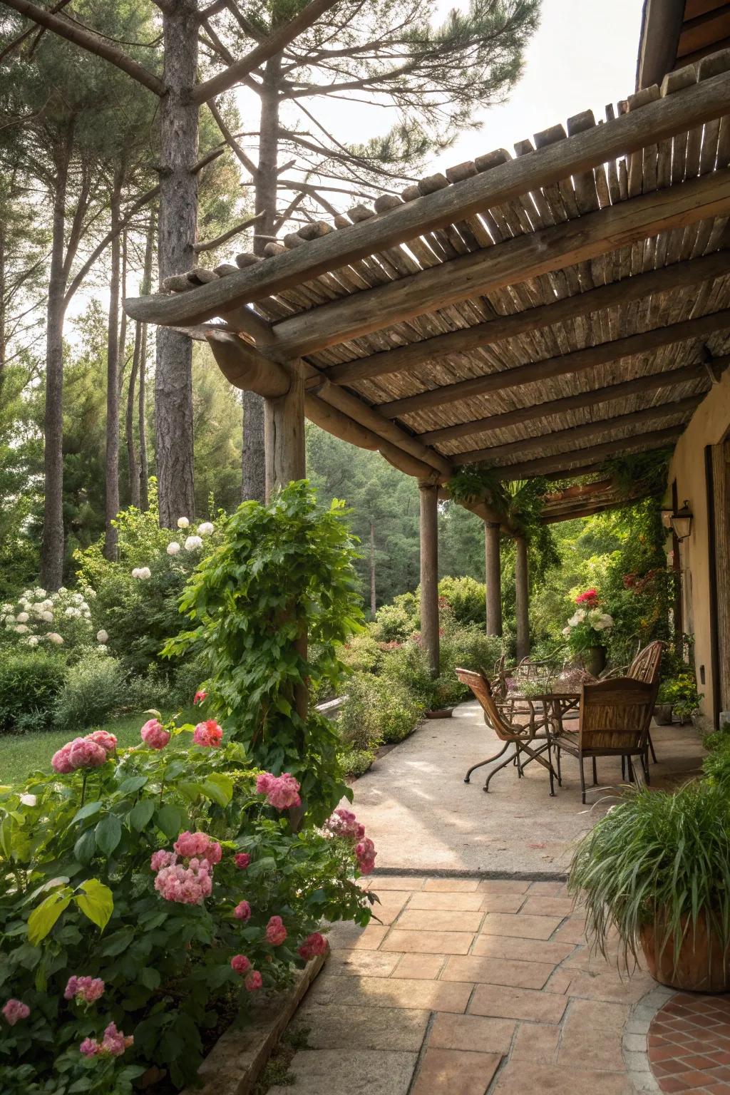Country timber coverings provide charm and warmth to outdoor areas.