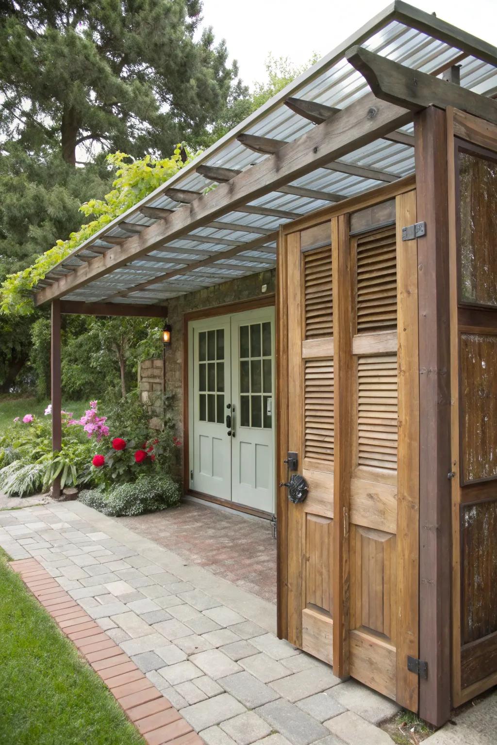 Repurposed elements contribute charm and sustainability to patio covers.
