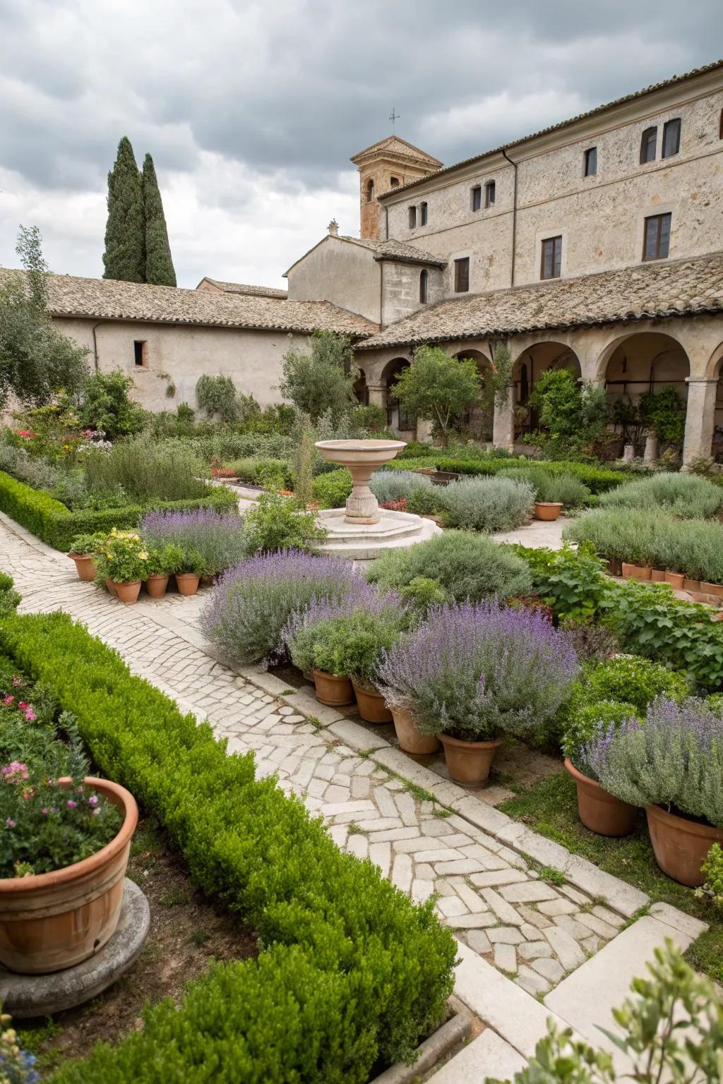 Mediterranean herbs add fragrance and texture to the garden.
