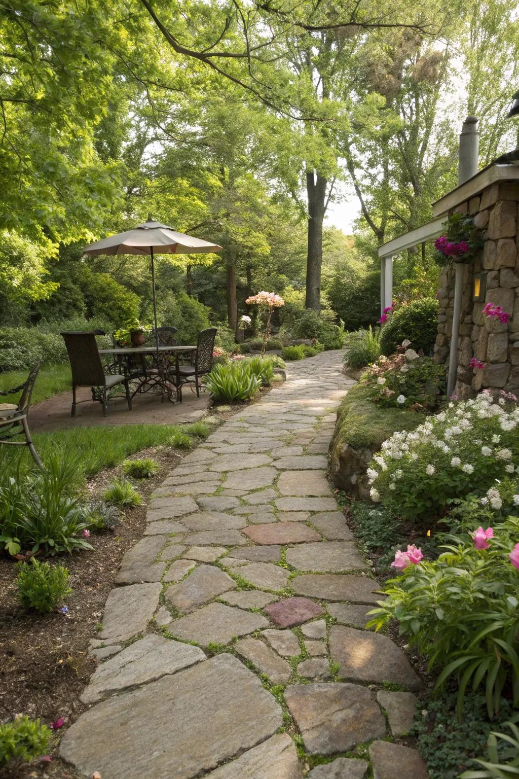 A rustic stone route guides patrons to your patio.