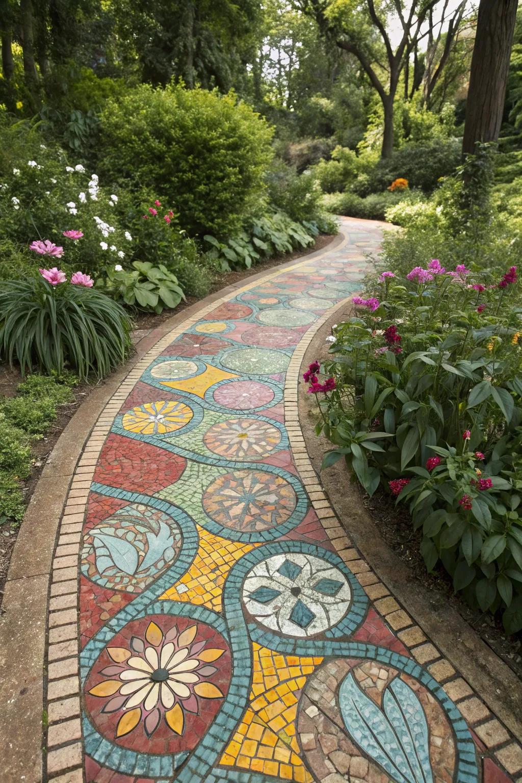 A vibrant mosaic walkway injecting flair into a lively garden.