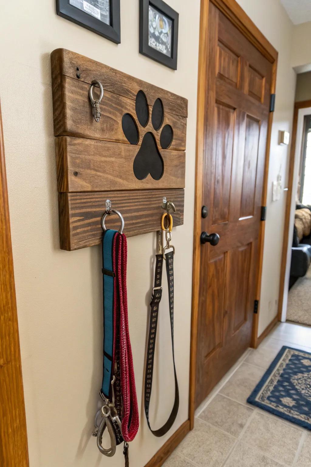 A personalized leash display showcasing a lovely paw design.