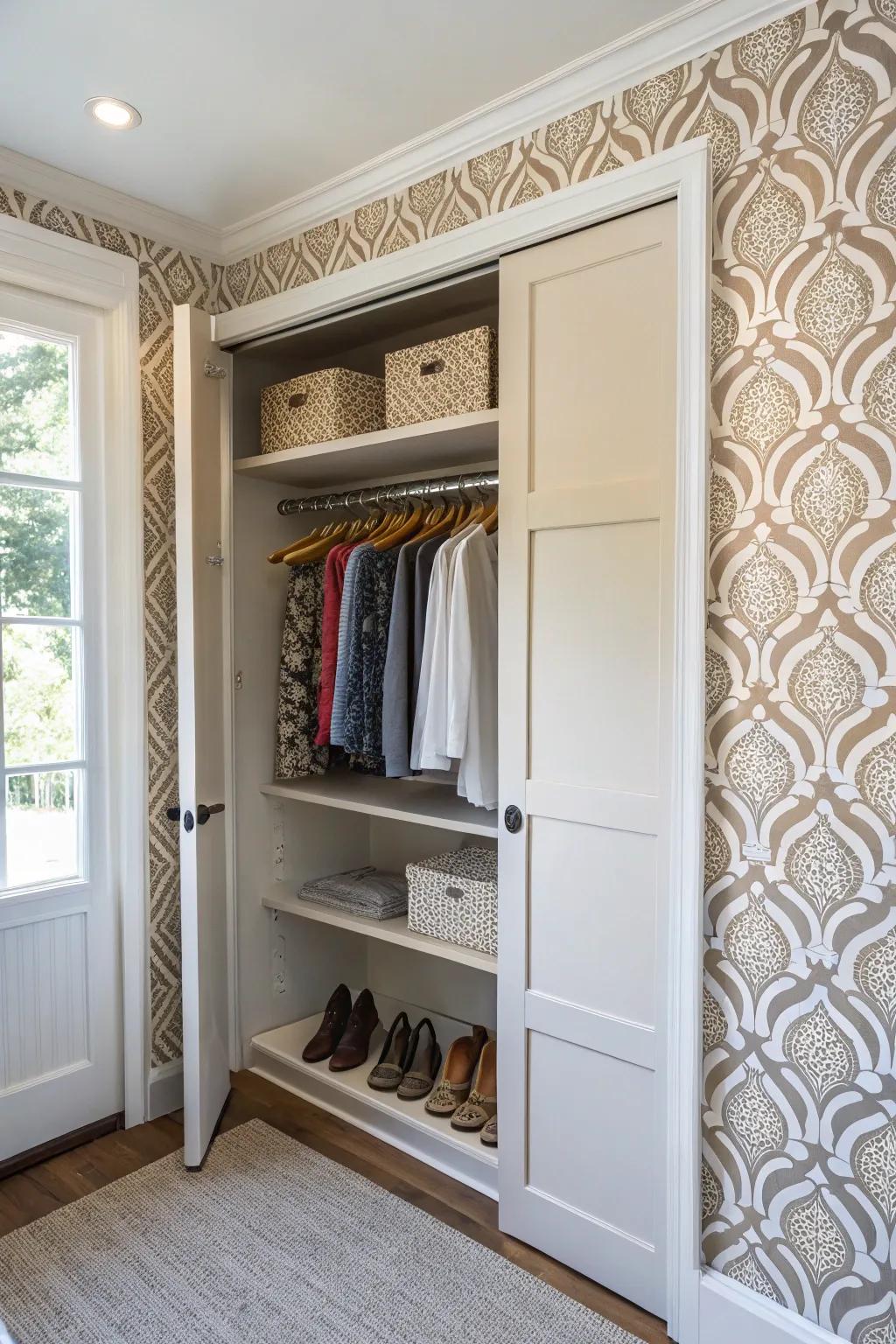 Infuse a dash of glamour inside your closet via fashionable wallpaper.