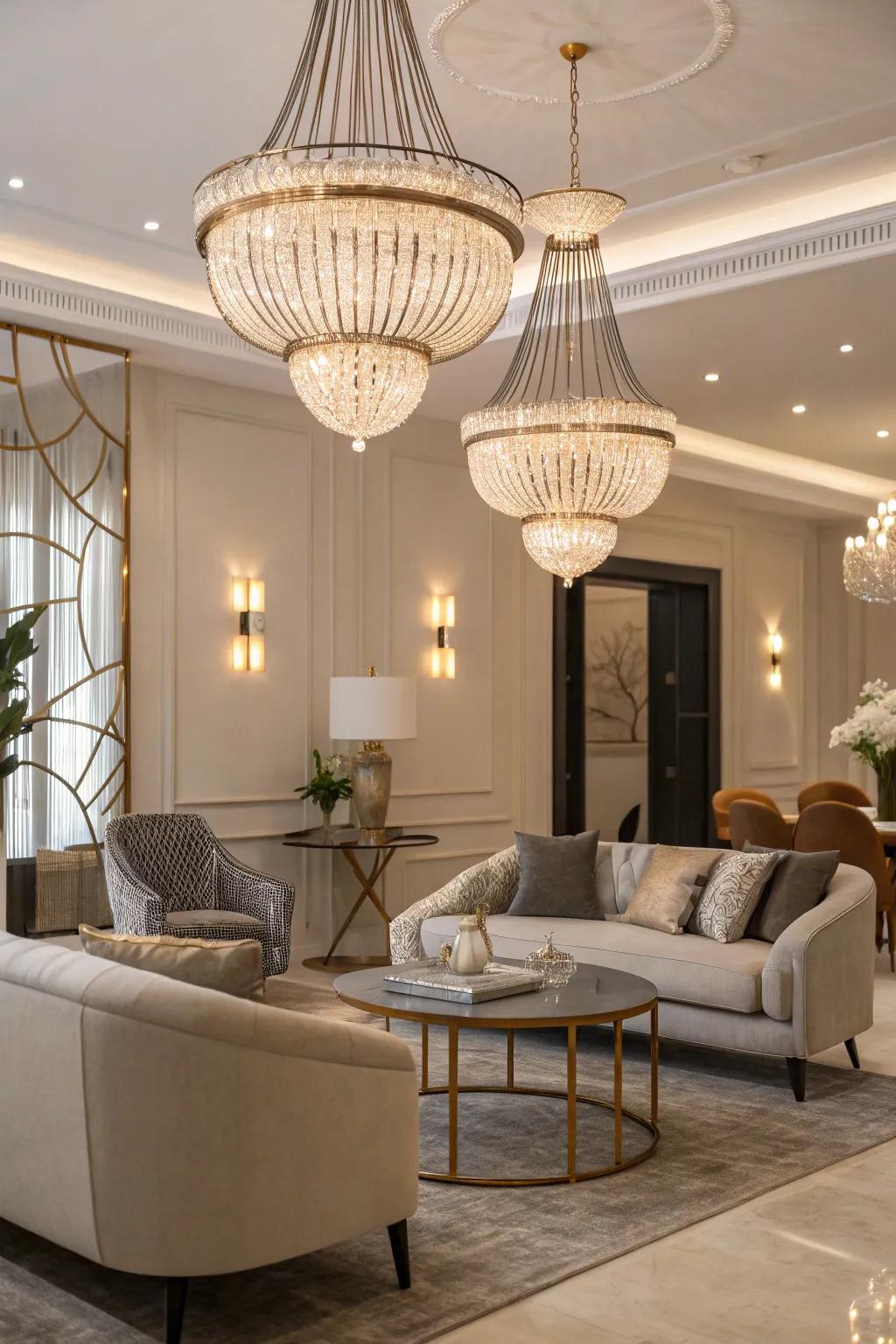 Sculptural pendants engender a compelling focal element.