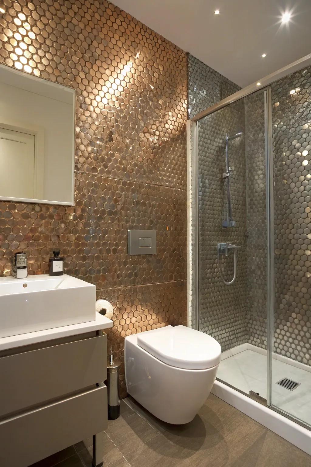 Alluring metallic penny rounds infuse a contemporary accent.