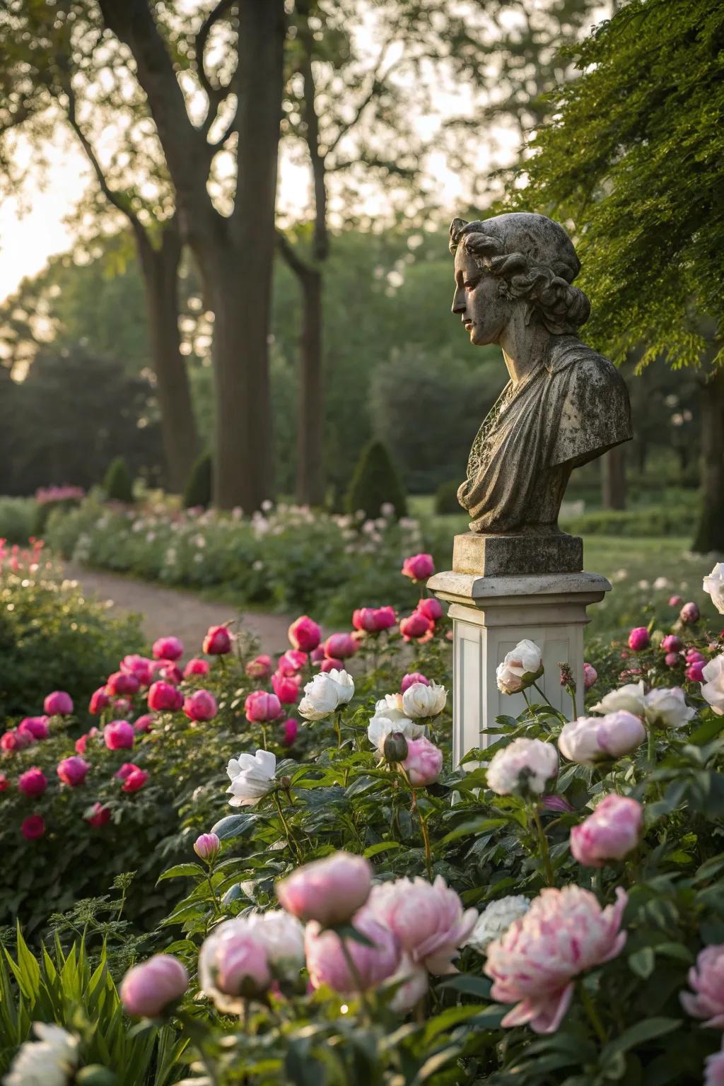 Garden artistry lending persona to a peony-filled environment.