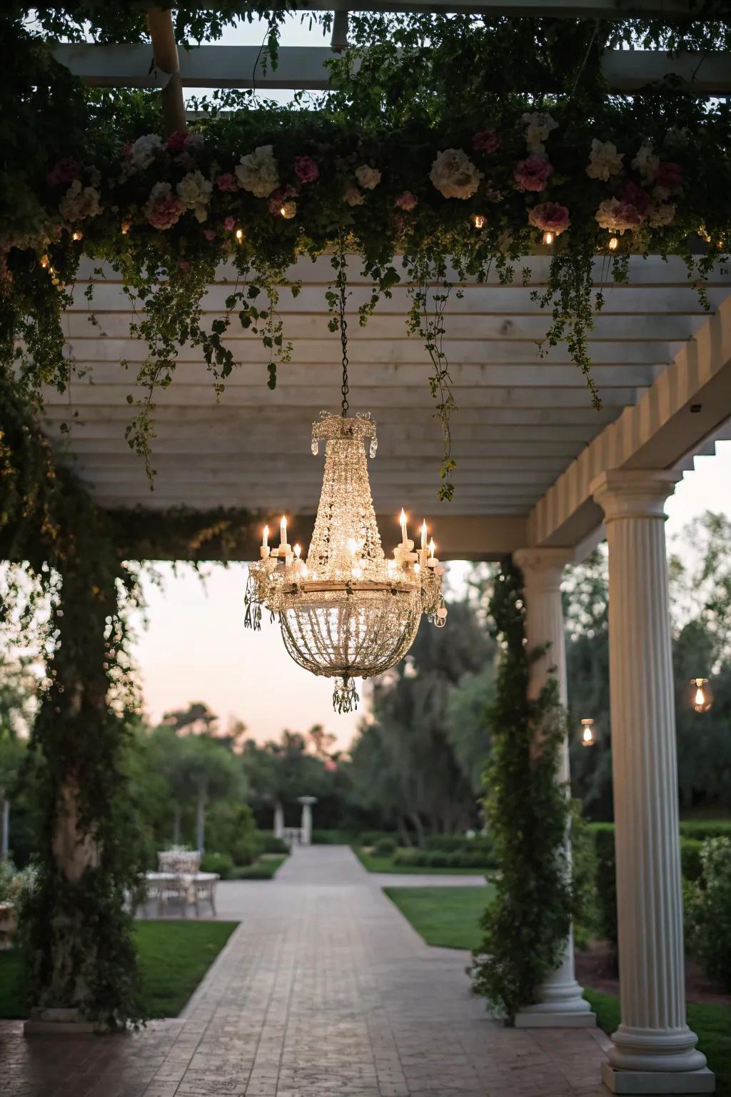 A chandelier injects elegance and panache into your pergola.
