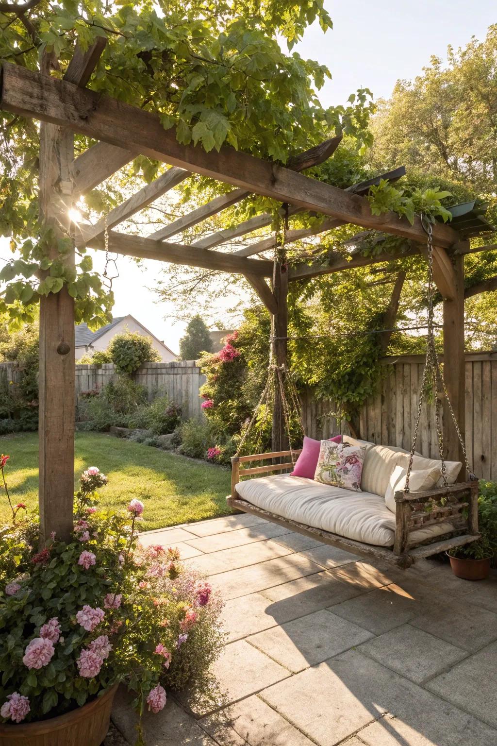 A swing beneath your pergola provides a perfect nook to unwind.