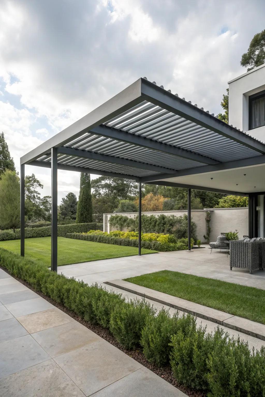 Modern elegance with a streamlined steel pergola roof.