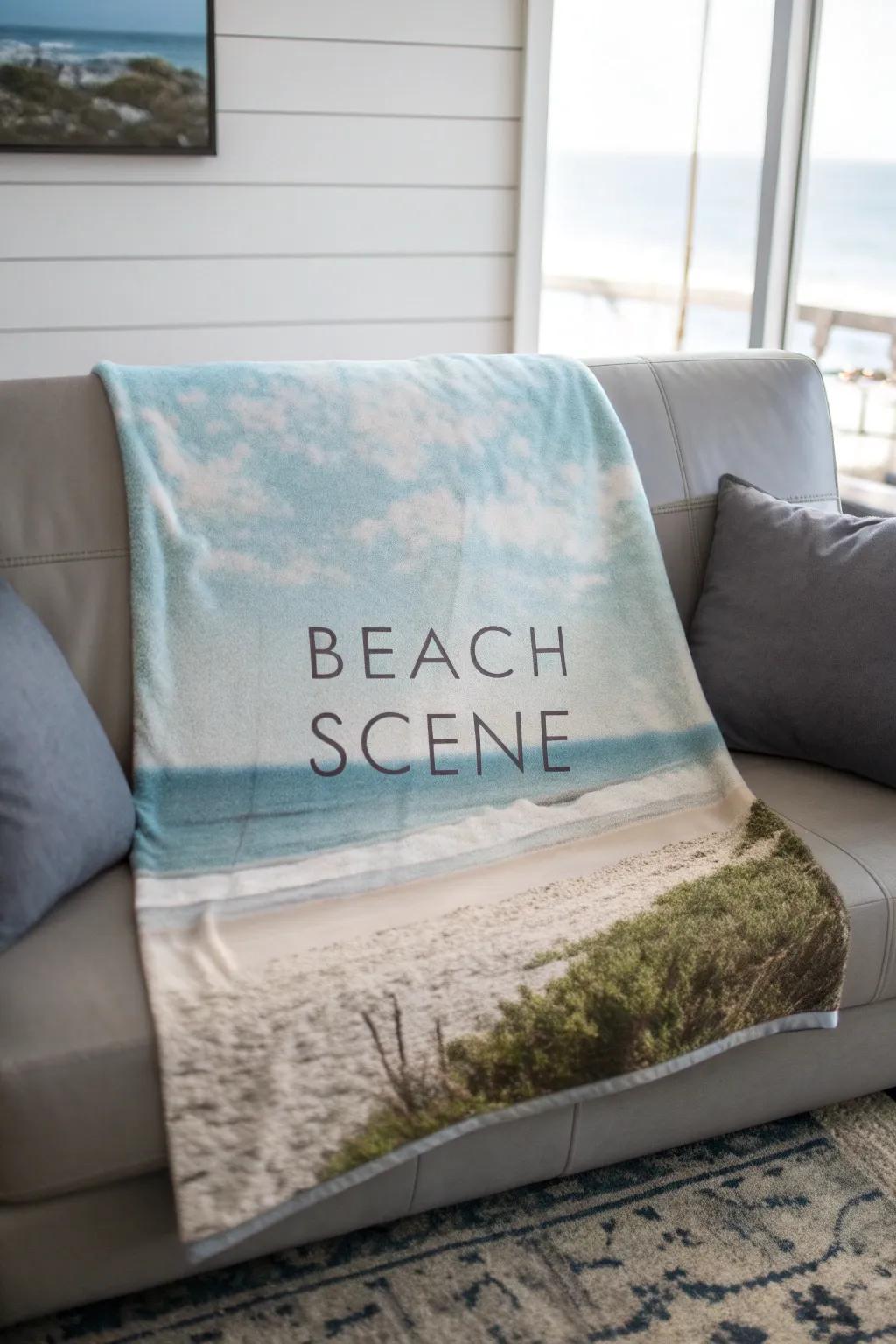 A throw featuring a beach scene and calming quote, ideal for a tranquil ambiance.