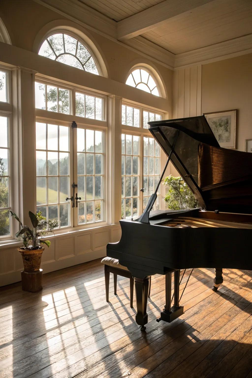 Natural illumination enhances the magnificence and acoustics of the piano space.