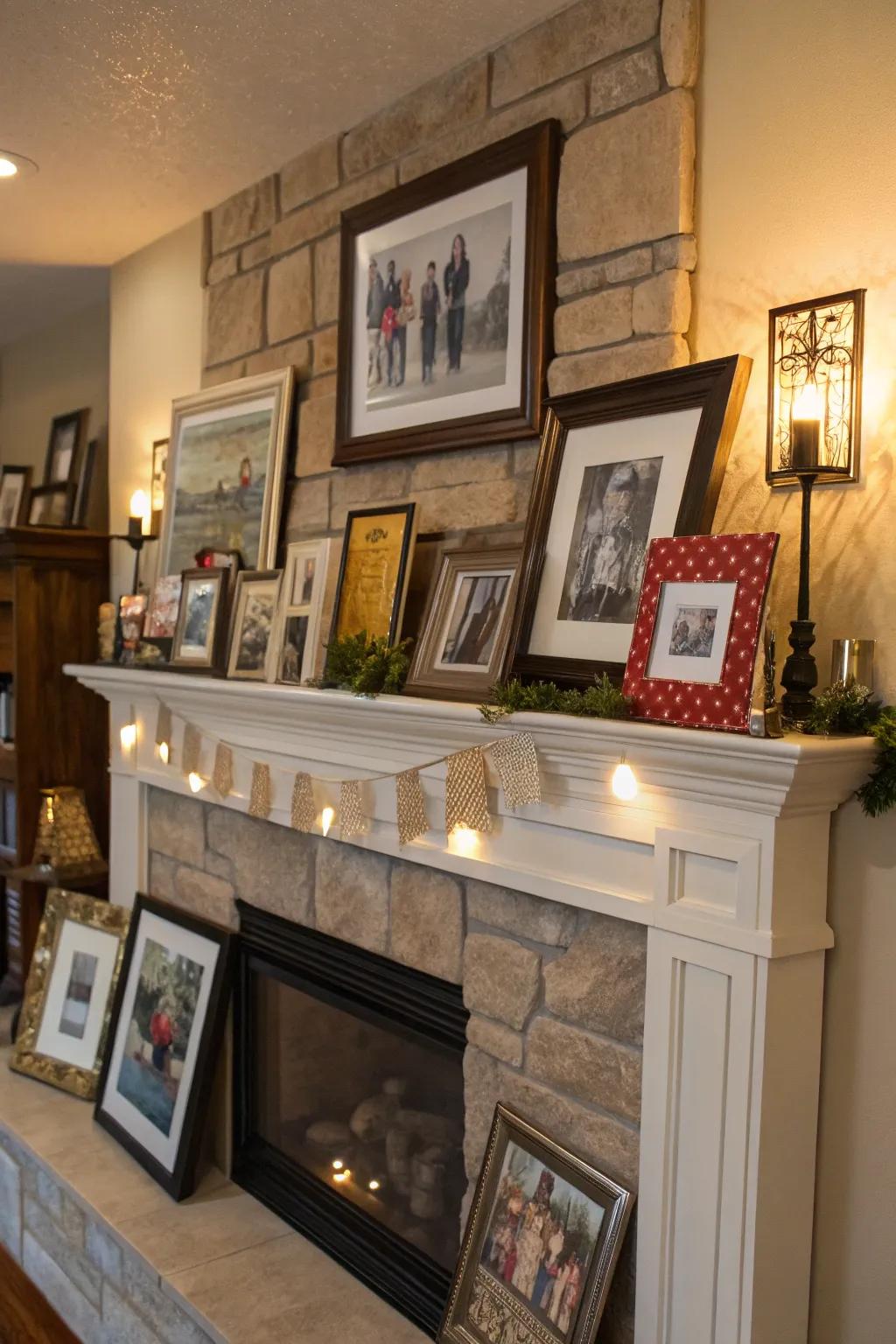 A picture wall elegantly displayed on a mantel with tiered decorations.