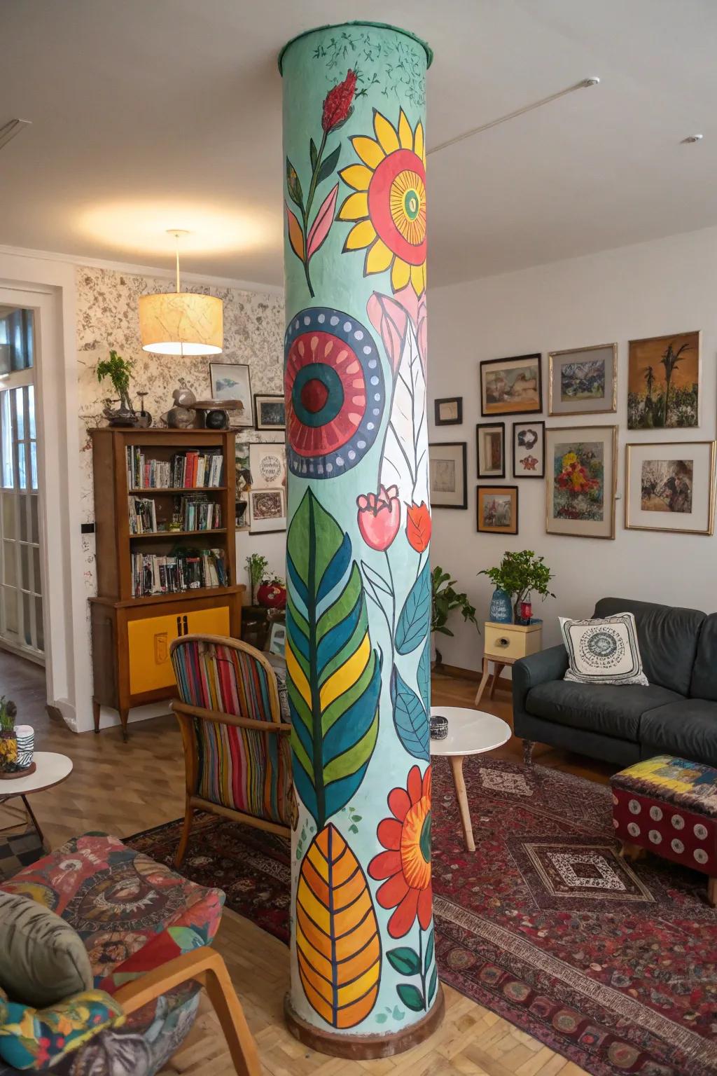 Mural covers transform pillars into breathtaking artistic showcases.