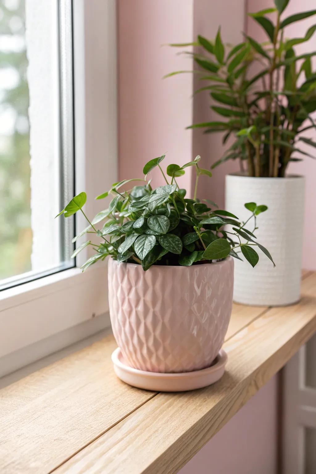 Contribute a hint of nature with this chic plant in a rose vessel, ideal for brightening up any creative space recess.