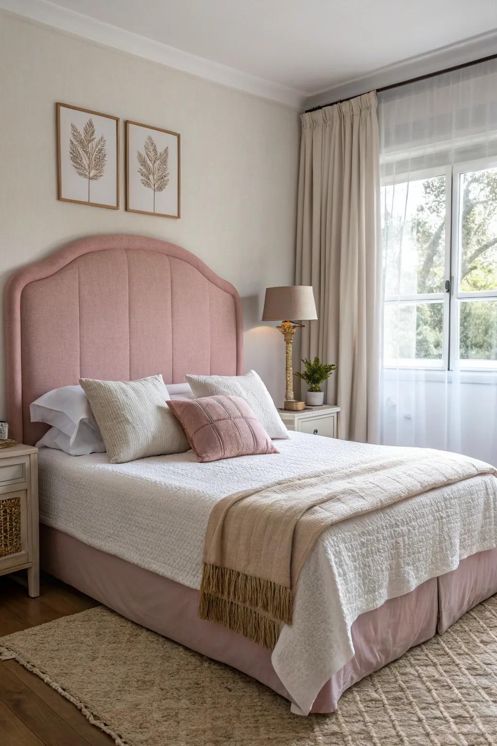 A serene and calming room with a woven rosy headboard.