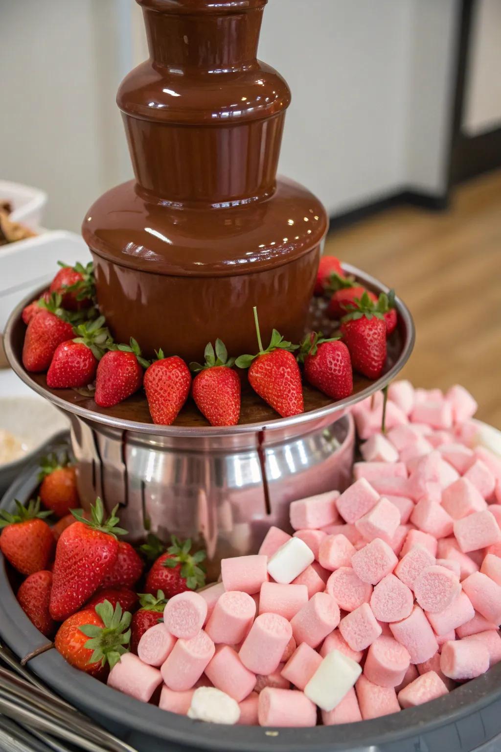 A chocolate waterfall with rose-colored accompaniments offers a sweet indulgence.