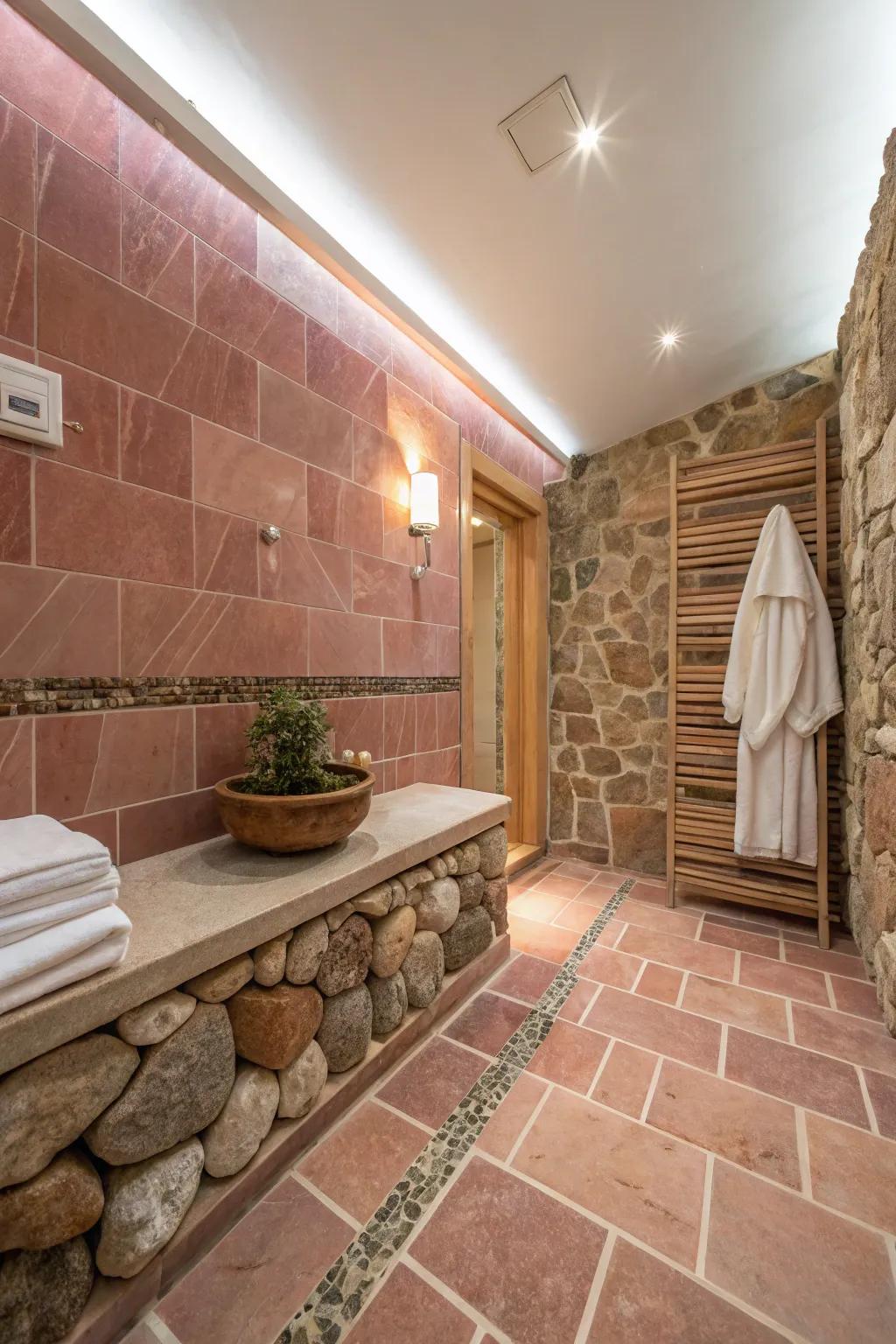 Earthy pink tiles with natural stone looking great together.