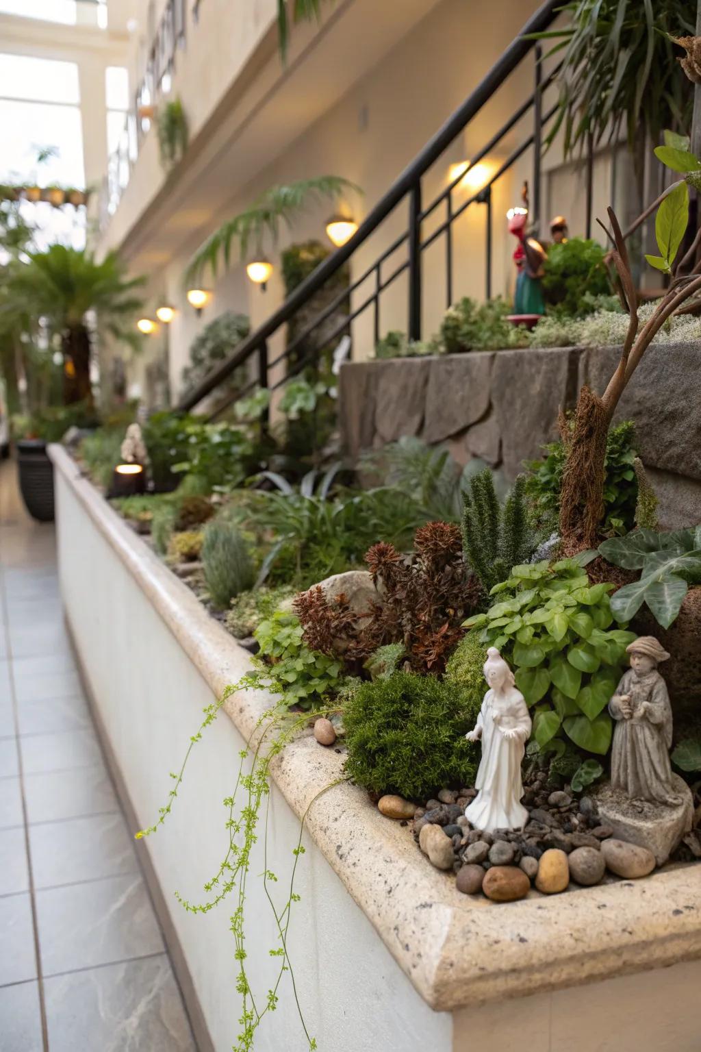Petite sculptures append an artistic flourish to this plant ledge.
