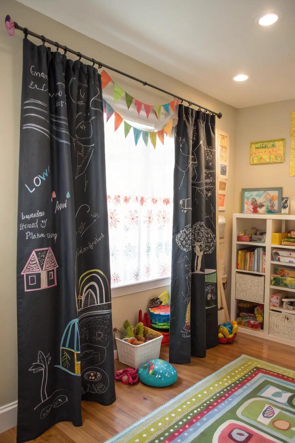 Writable fabric curtains allow for uninhibited creative expression.