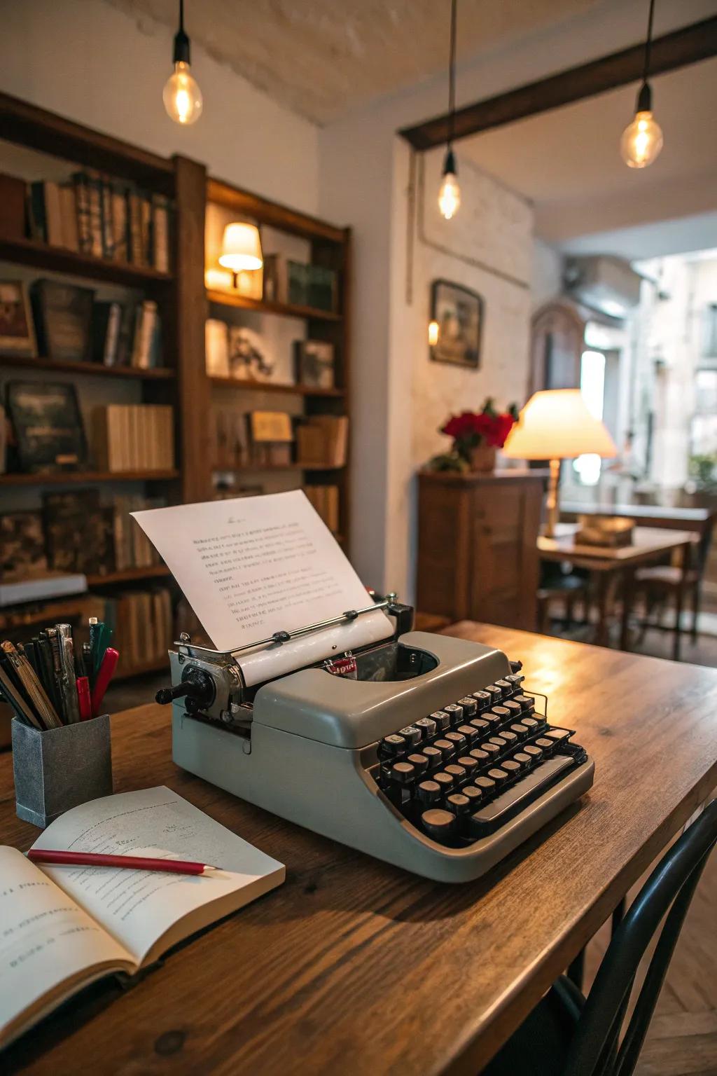 An antique typewriter arrangement introduces retro allure and encourages ingenuity.